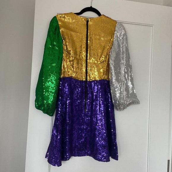 Alice + Olivia Blaze Colorblock Sequin Mini Dress Puff Sleeve Wrap Fit and Flare - Picture 11 of 12